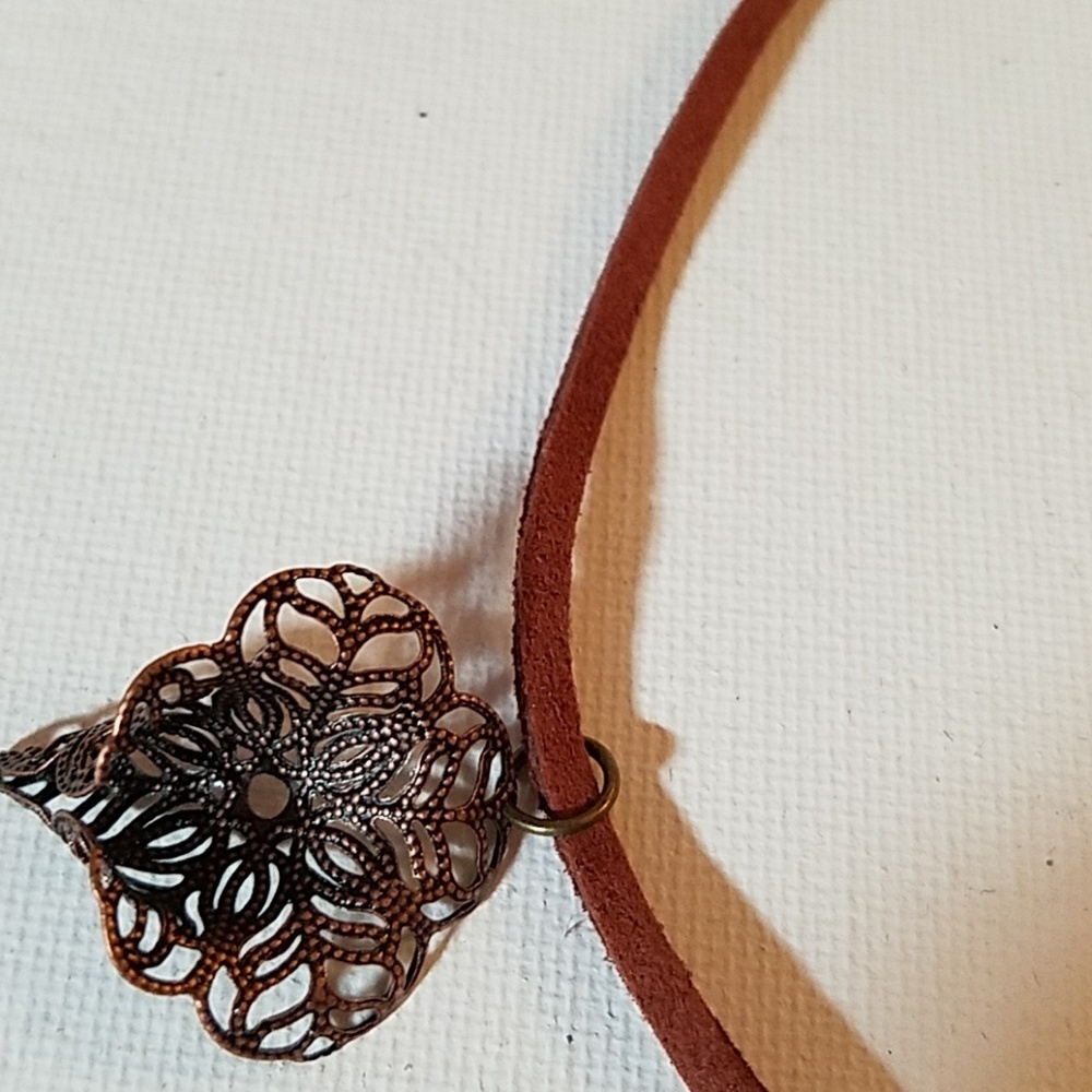 Antique Gold Vegan Leather Earrings & Necklace. - Picture 2 of 3